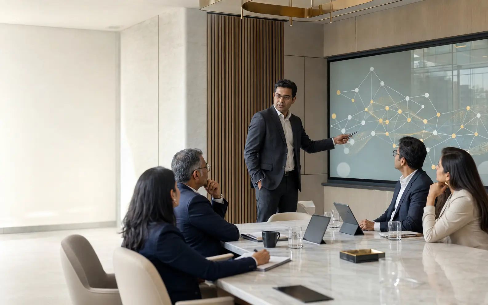 Business leaders reviewing cybersecurity, privacy and data-governance risks with a professional advisor